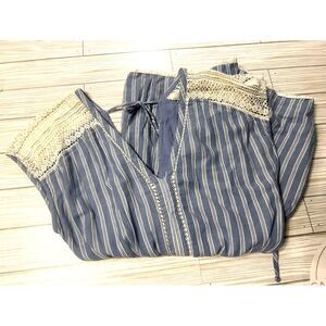 Abercrombie & Fitch Blue + White Lace Romper Elastic Waist Cap Sleeve Tie XXSP